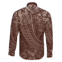 Hawaiian Turtles and Leis Family Matching Long Sleeve Bodycon Dress and Hawaiian Shirt Tribal Kakau Pattern Mocha Mousse Color