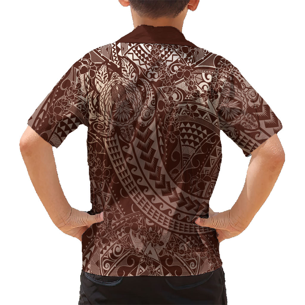 Hawaiian Turtles and Leis Family Matching Off The Shoulder Long Sleeve Dress and Hawaiian Shirt Tribal Kakau Pattern Mocha Mousse Color