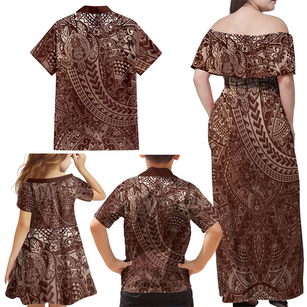 Hawaiian Turtles and Leis Family Matching Off Shoulder Maxi Dress and Hawaiian Shirt Tribal Kakau Pattern Mocha Mousse Color
