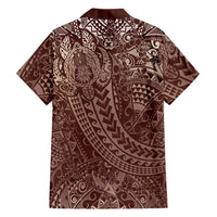 Hawaiian Turtles and Leis Family Matching Short Sleeve Bodycon Dress and Hawaiian Shirt Tribal Kakau Pattern Mocha Mousse Color
