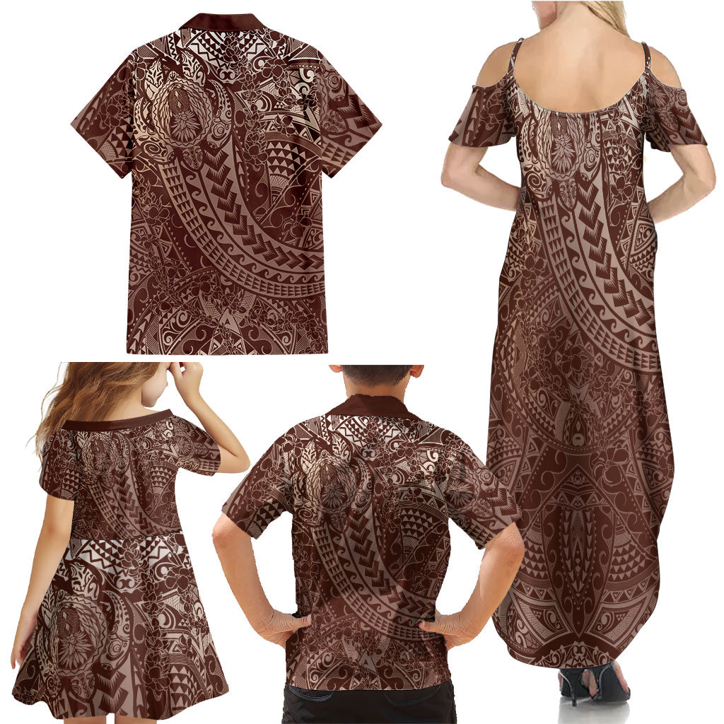 Hawaiian Turtles and Leis Family Matching Summer Maxi Dress and Hawaiian Shirt Tribal Kakau Pattern Mocha Mousse Color