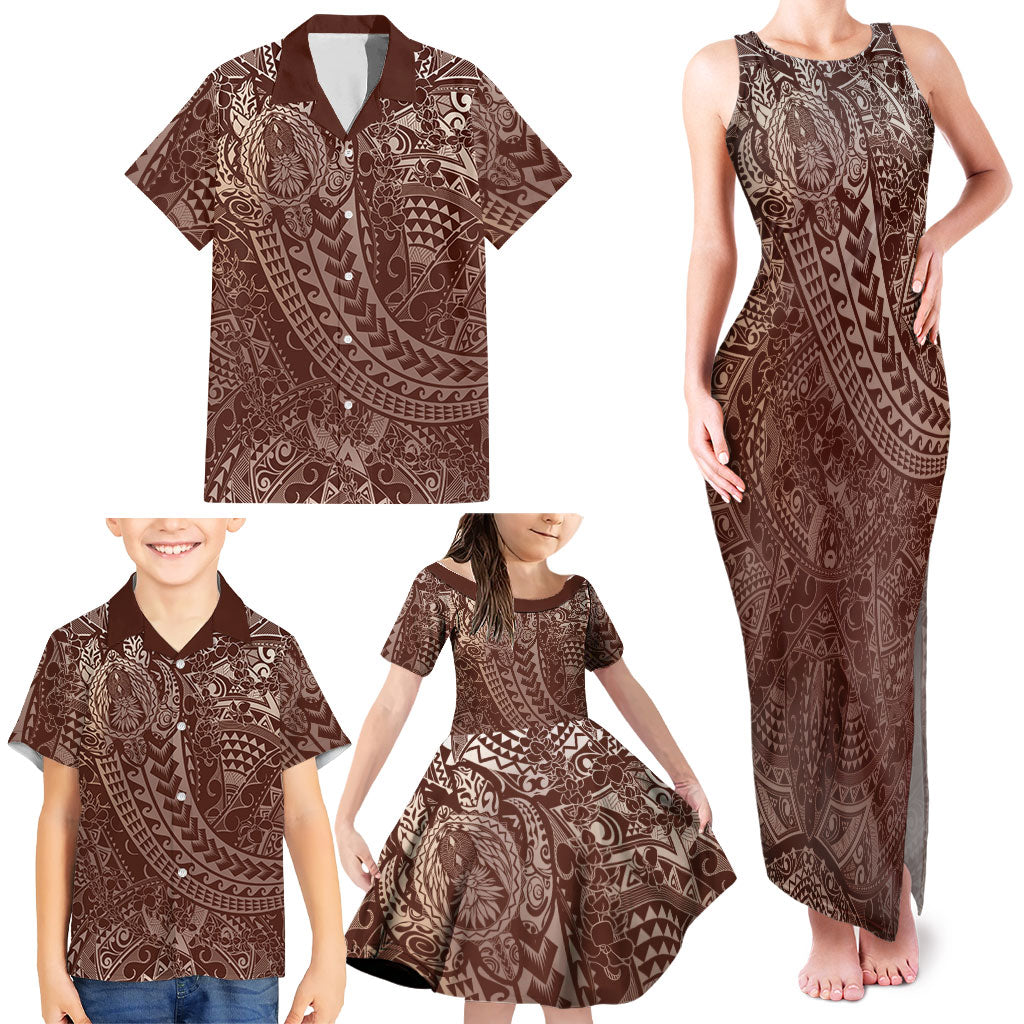 Hawaiian Turtles and Leis Family Matching Tank Maxi Dress and Hawaiian Shirt Tribal Kakau Pattern Mocha Mousse Color LT03 - Polynesian Pride