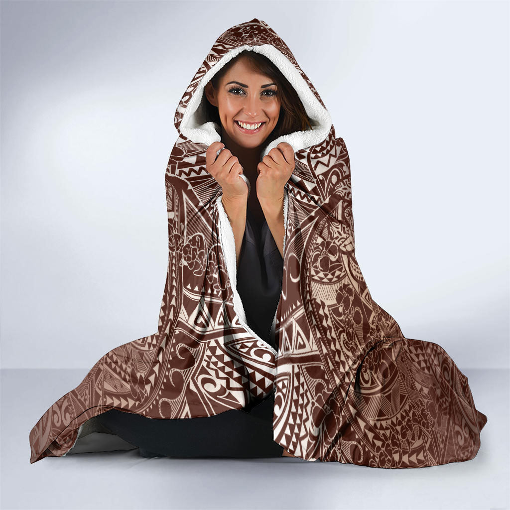 Hawaiian Turtles and Leis Hooded Blanket Tribal Kakau Pattern Mocha Mousse Color
