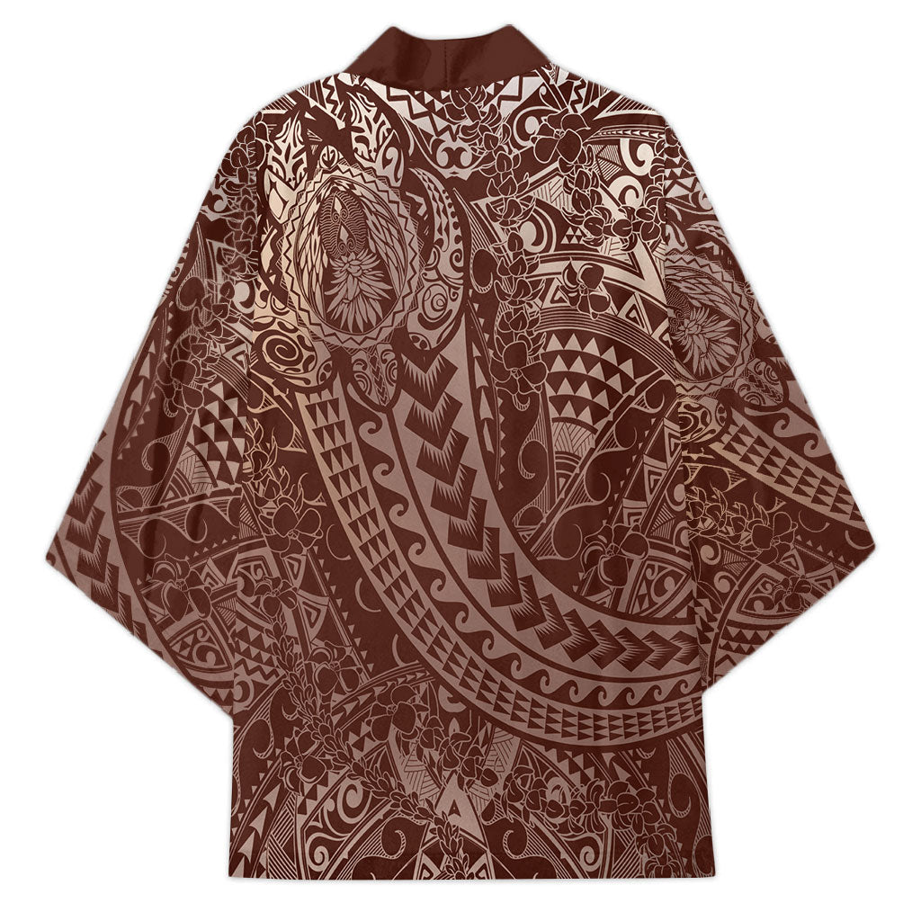 Hawaiian Turtles and Leis Kimono Tribal Kakau Pattern Mocha Mousse Color