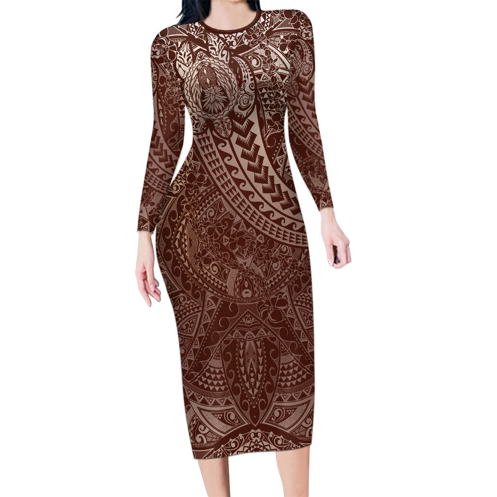 Hawaiian Turtles and Leis Long Sleeve Bodycon Dress Tribal Kakau Pattern Mocha Mousse Color LT03 Long Dress Mocha Mousse - Polynesian Pride