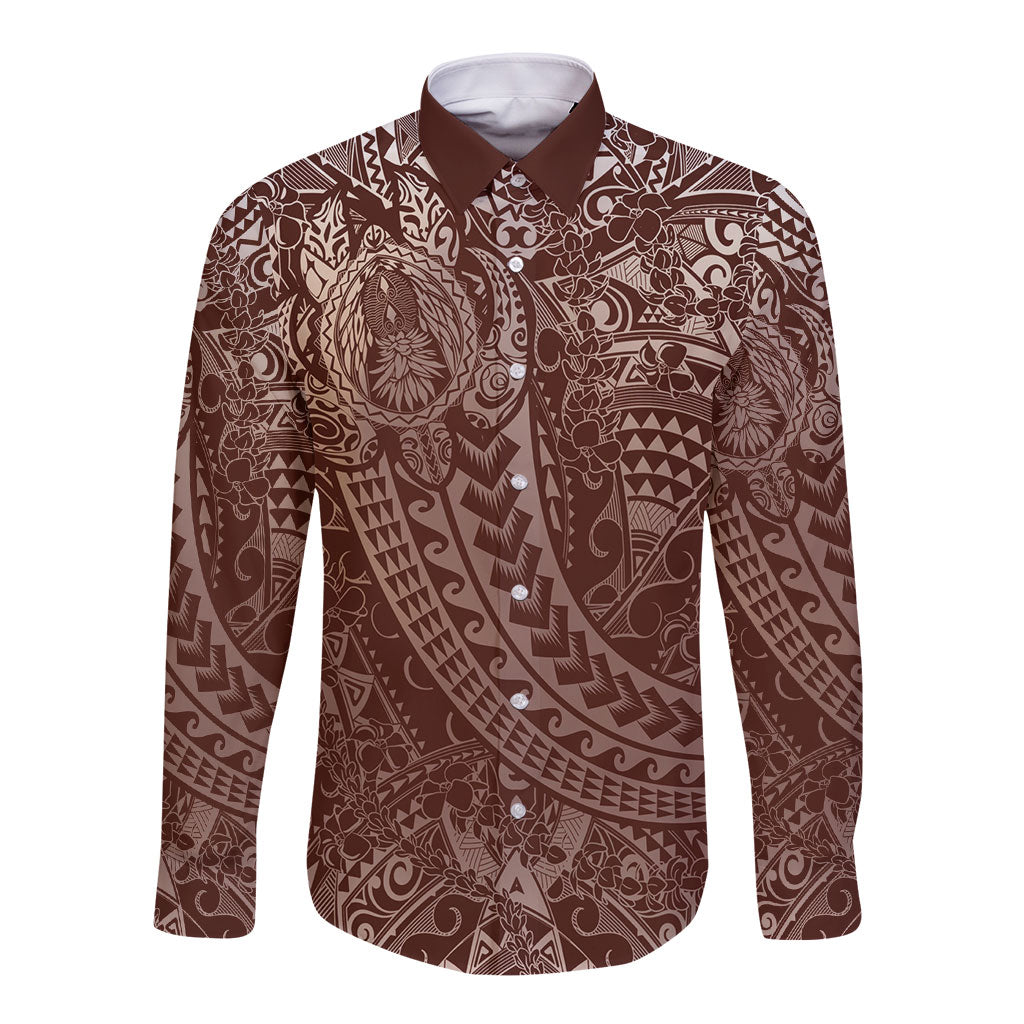 Hawaiian Turtles and Leis Long Sleeve Button Shirt Tribal Kakau Pattern Mocha Mousse Color