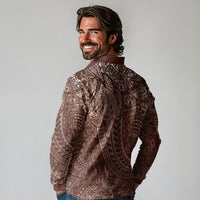 Hawaiian Turtles and Leis Long Sleeve Polo Shirt Tribal Kakau Pattern Mocha Mousse Color