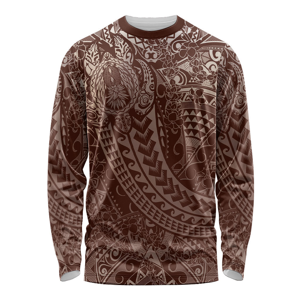 Hawaiian Turtles and Leis Long Sleeve Shirt Tribal Kakau Pattern Mocha Mousse Color LT03 Unisex Mocha Mousse - Polynesian Pride