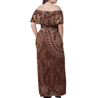 Hawaiian Turtles and Leis Off Shoulder Maxi Dress Tribal Kakau Pattern Mocha Mousse Color