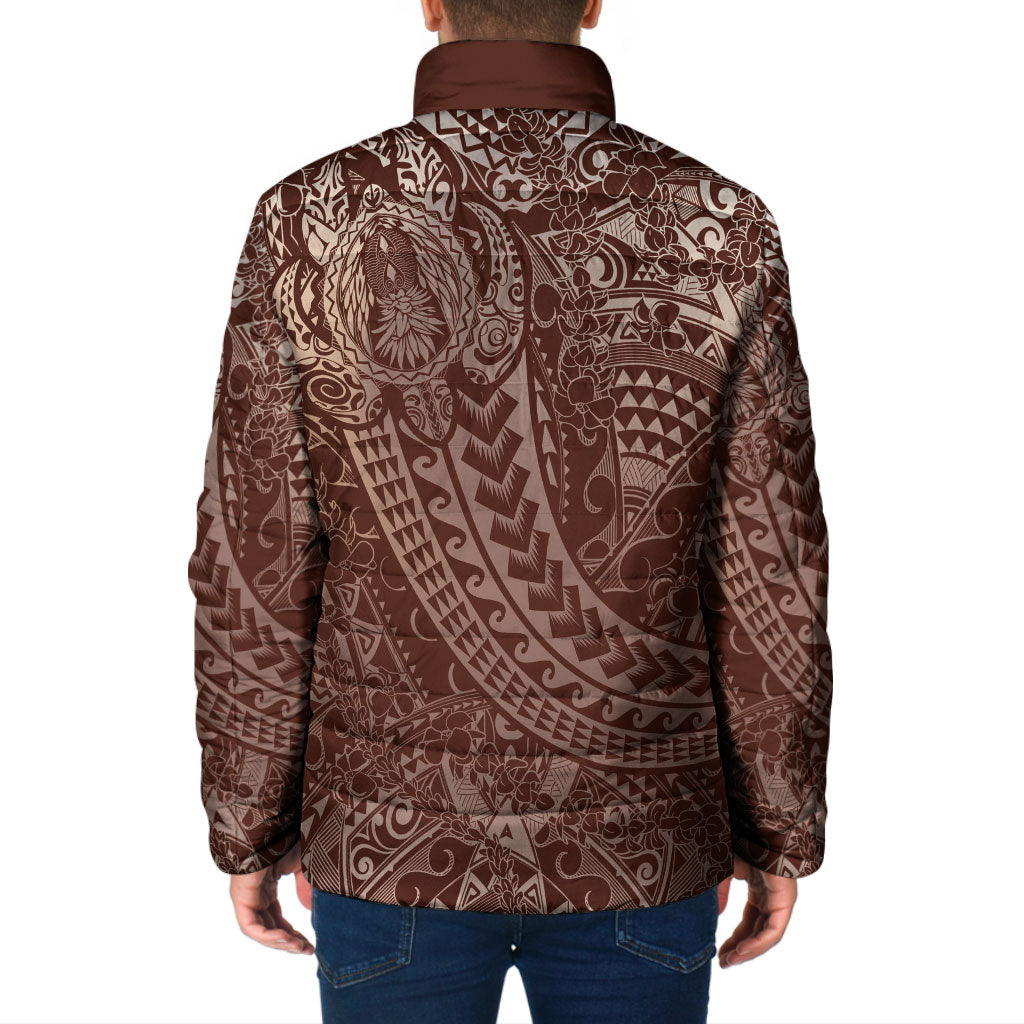 Hawaiian Turtles and Leis Padded Jacket Tribal Kakau Pattern Mocha Mousse Color