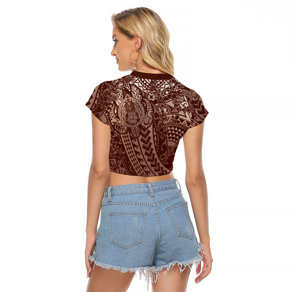 Hawaiian Turtles and Leis Raglan Cropped T Shirt Tribal Kakau Pattern Mocha Mousse Color