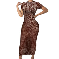 Hawaiian Turtles and Leis Short Sleeve Bodycon Dress Tribal Kakau Pattern Mocha Mousse Color