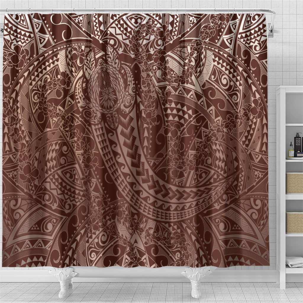 Hawaiian Turtles and Leis Shower Curtain Tribal Kakau Pattern Mocha Mousse Color