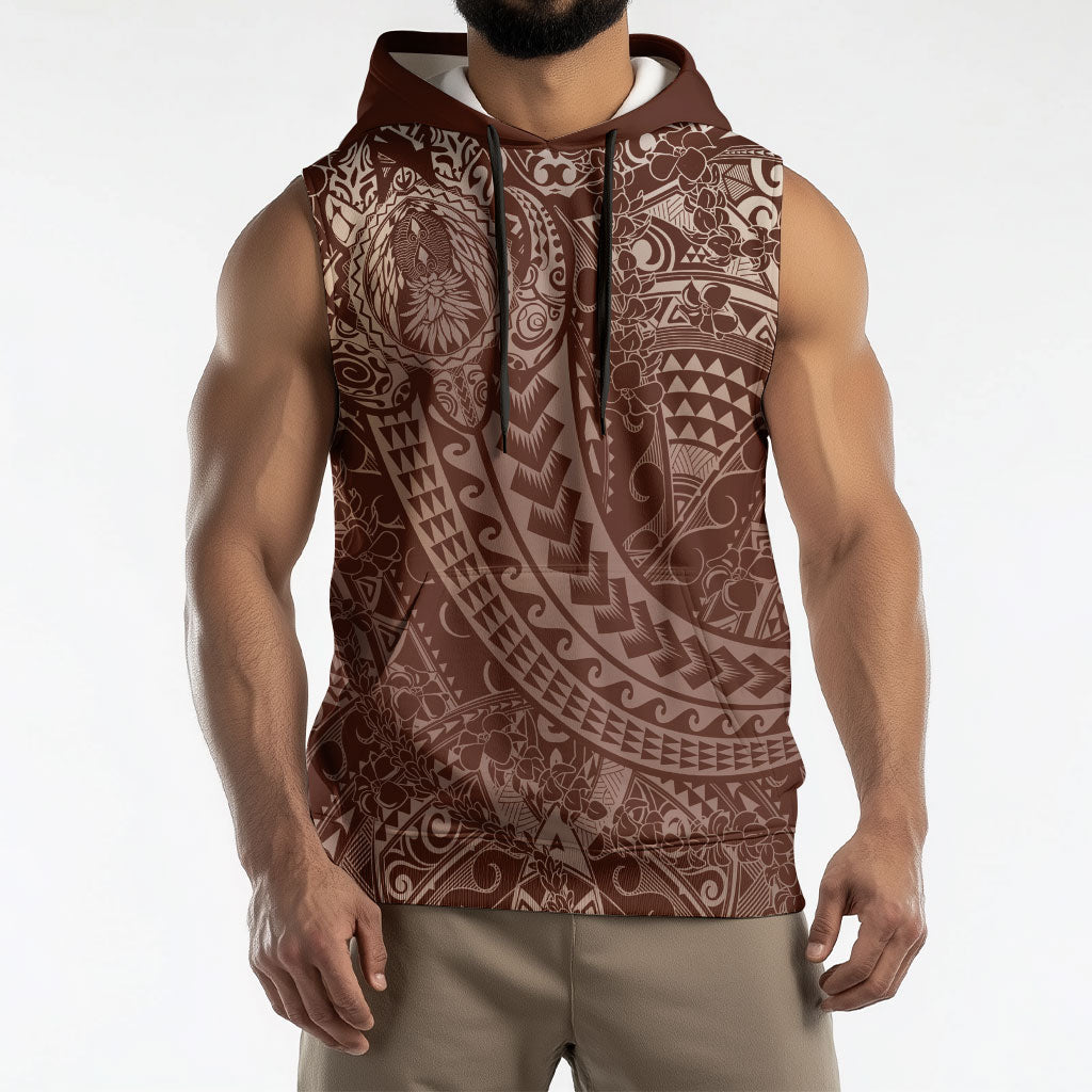 Hawaiian Turtles and Leis Sleeveless Hoodie Tribal Kakau Pattern Mocha Mousse Color