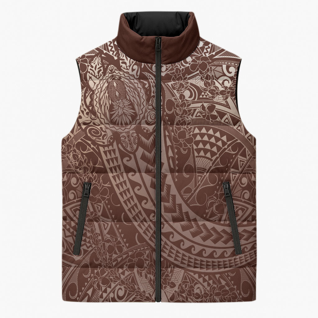 Hawaiian Turtles and Leis Sleeveless Puffer Jacket Tribal Kakau Pattern Mocha Mousse Color