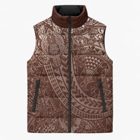 Hawaiian Turtles and Leis Sleeveless Puffer Jacket Tribal Kakau Pattern Mocha Mousse Color