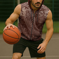 Hawaiian Turtles and Leis Sleeveless Zip Hoodie Tribal Kakau Pattern Mocha Mousse Color