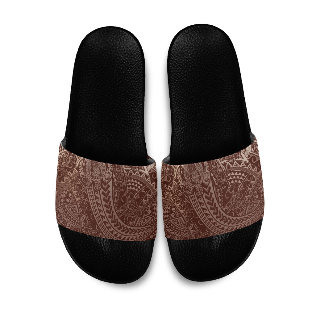 Hawaiian Turtles and Leis Slide Sandals Tribal Kakau Pattern Mocha Mousse Color