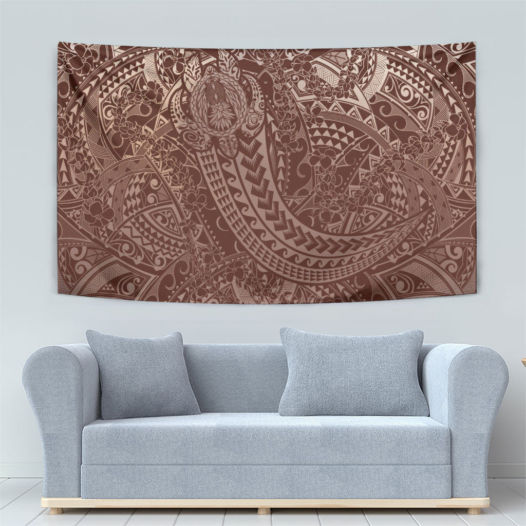 Hawaiian Turtles and Leis Tapestry Tribal Kakau Pattern Mocha Mousse Color