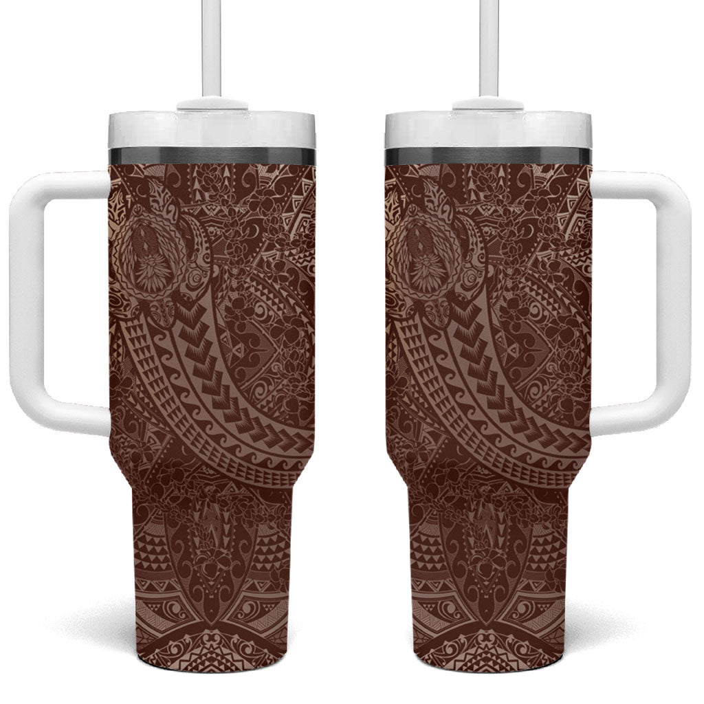 Hawaiian Turtles and Leis Tumbler With Handle Tribal Kakau Pattern Mocha Mousse Color