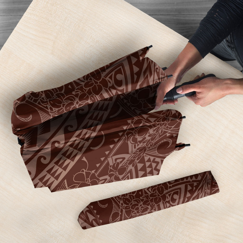 Hawaiian Turtles and Leis Umbrella Tribal Kakau Pattern Mocha Mousse Color