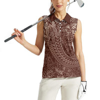 Hawaiian Turtles and Leis Women Sleeveless Polo Shirt Tribal Kakau Pattern Mocha Mousse Color