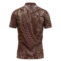 Hawaiian Turtles and Leis Zipper Polo Shirt Tribal Kakau Pattern Mocha Mousse Color