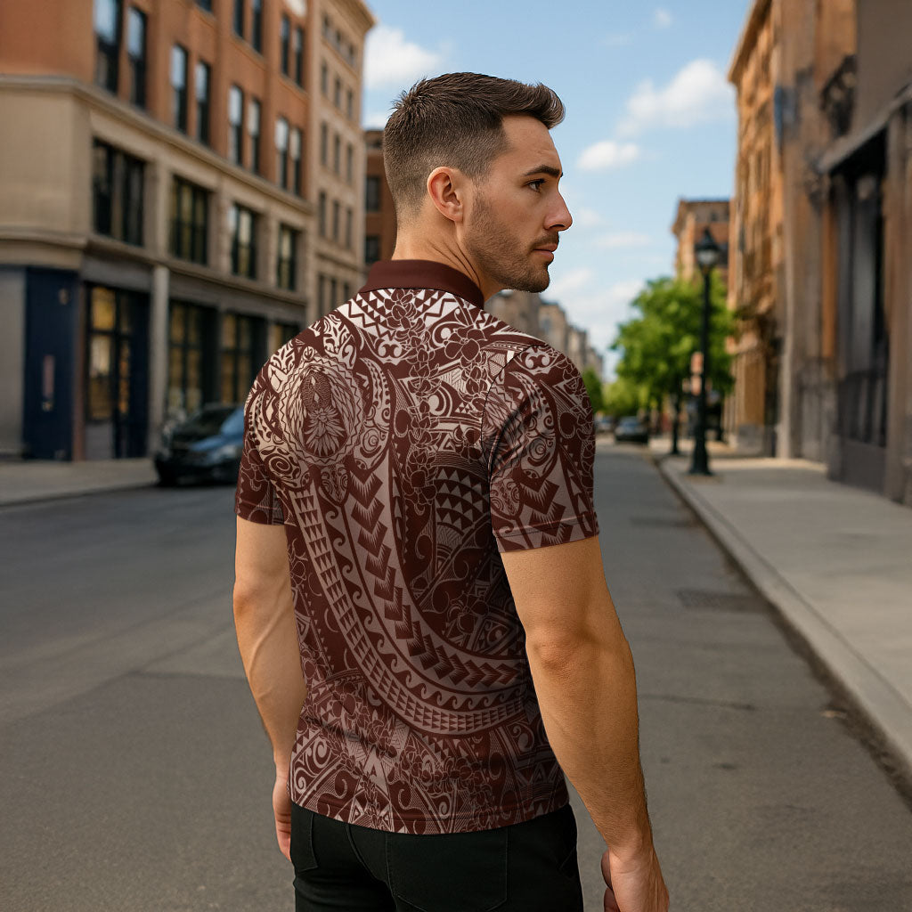 Hawaiian Turtles and Leis Zipper Polo Shirt Tribal Kakau Pattern Mocha Mousse Color
