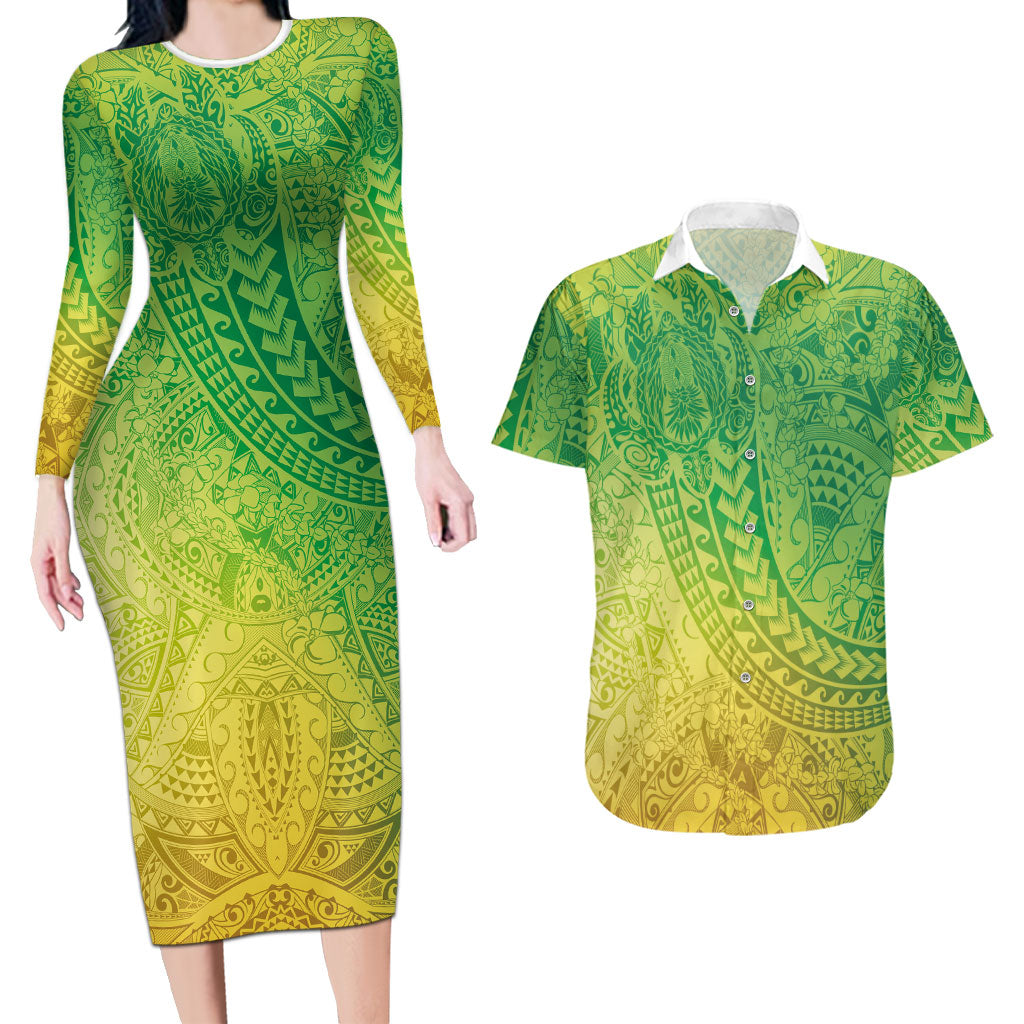 Hawaiian Turtles and Leis Couples Matching Long Sleeve Bodycon Dress and Hawaiian Shirt Tribal Kakau Pattern Fresh Summer Vibe