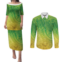 Hawaiian Turtles and Leis Couples Matching Puletasi and Long Sleeve Button Shirt Tribal Kakau Pattern Fresh Summer Vibe
