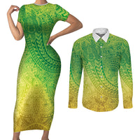Hawaiian Turtles and Leis Couples Matching Short Sleeve Bodycon Dress and Long Sleeve Button Shirt Tribal Kakau Pattern Fresh Summer Vibe