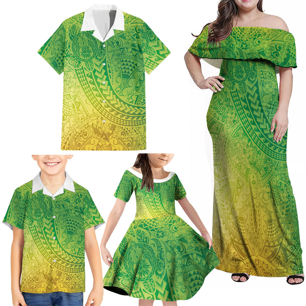 Hawaiian Turtles and Leis Family Matching Off Shoulder Maxi Dress and Hawaiian Shirt Tribal Kakau Pattern Fresh Summer Vibe