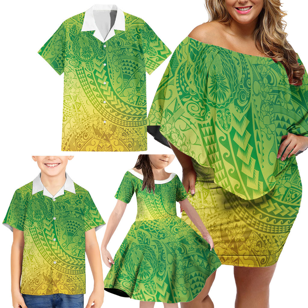Hawaiian Turtles and Leis Family Matching Off Shoulder Short Dress and Hawaiian Shirt Tribal Kakau Pattern Fresh Summer Vibe