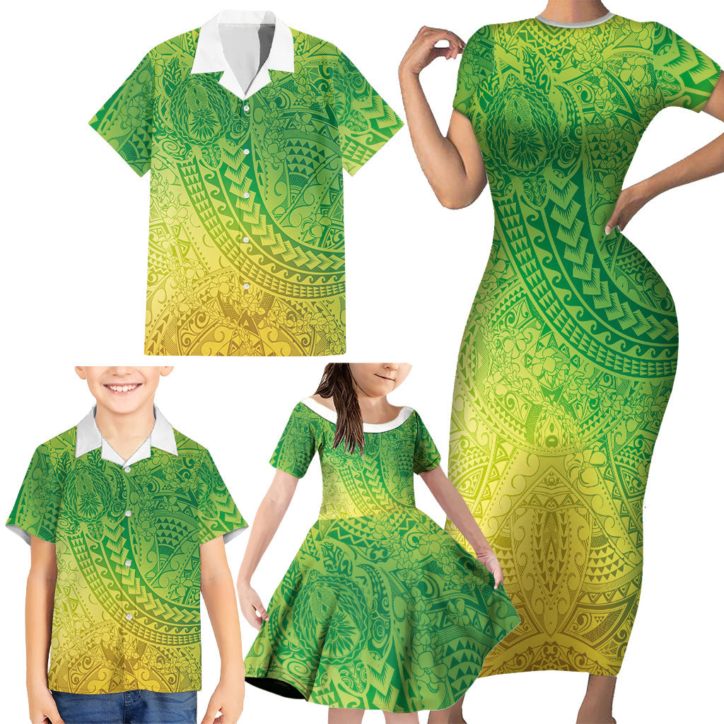 Hawaiian Turtles and Leis Family Matching Short Sleeve Bodycon Dress and Hawaiian Shirt Tribal Kakau Pattern Fresh Summer Vibe
