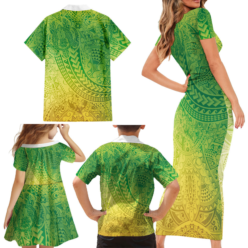 Hawaiian Turtles and Leis Family Matching Short Sleeve Bodycon Dress and Hawaiian Shirt Tribal Kakau Pattern Fresh Summer Vibe