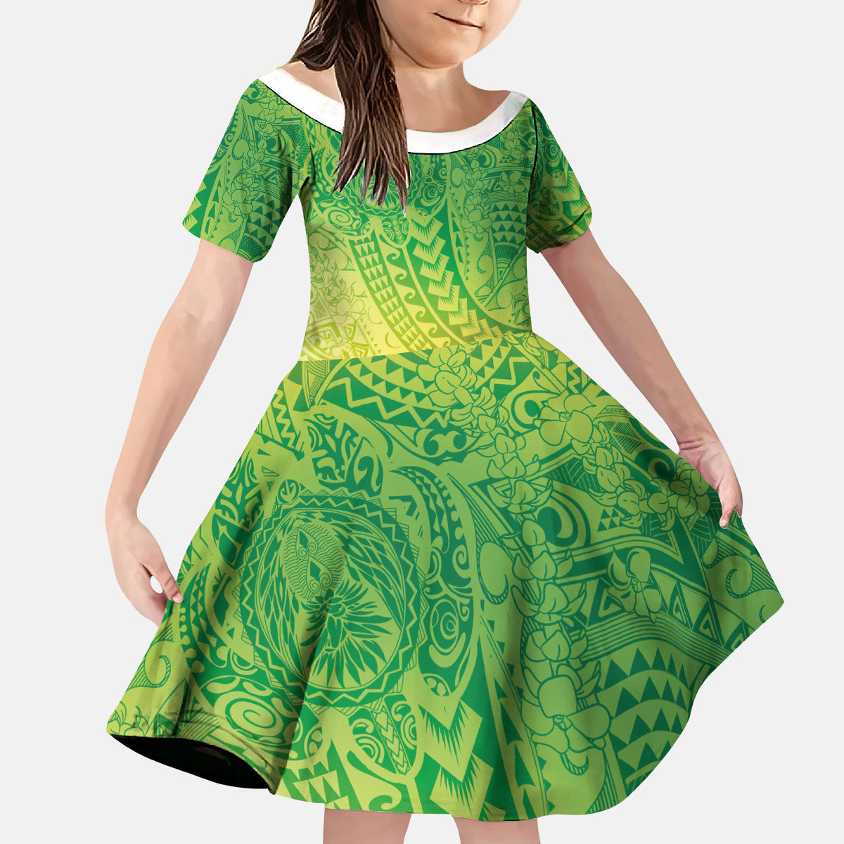Hawaiian Turtles and Leis Kid Short Sleeve Dress Tribal Kakau Pattern Fresh Summer Vibe