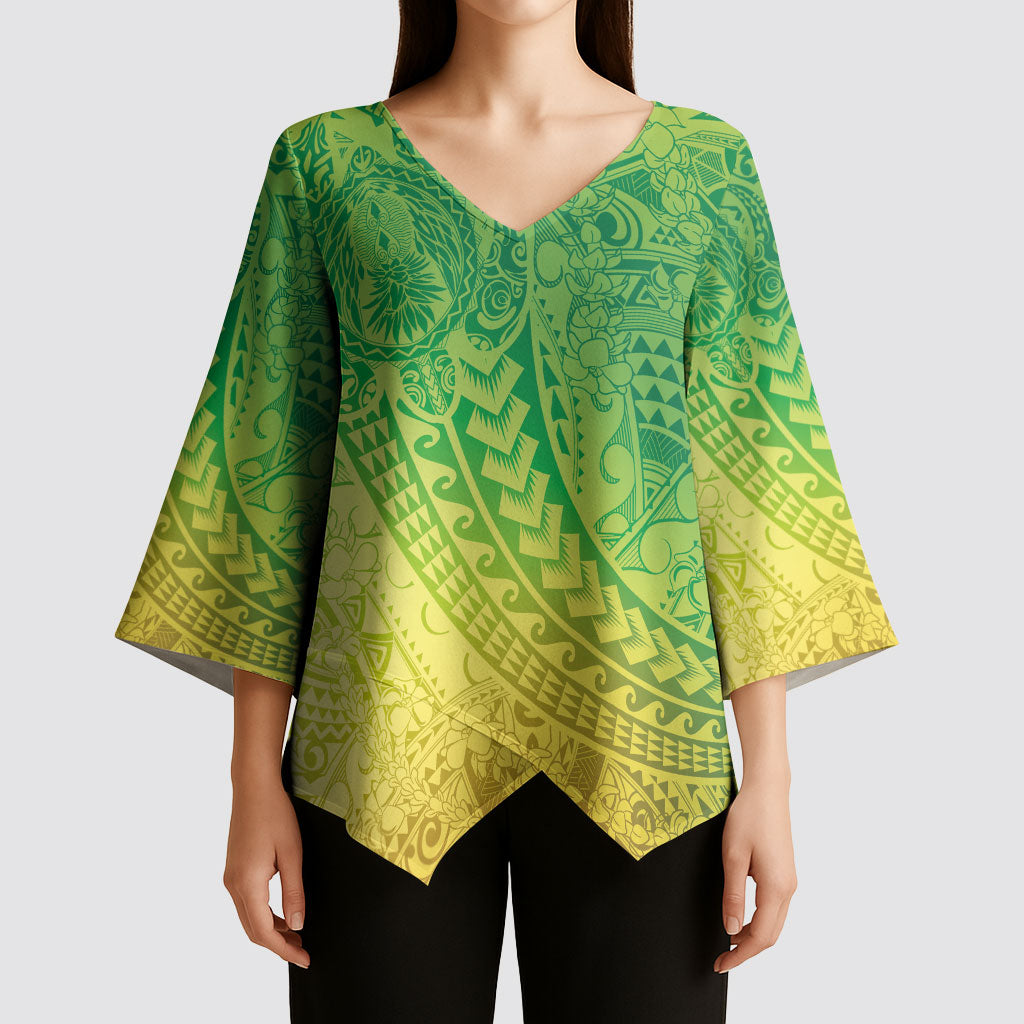 Hawaiian Turtles and Leis Kimono Sleeve Blouse Tribal Kakau Pattern Fresh Summer Vibe