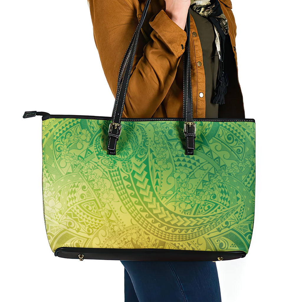 Hawaiian Turtles and Leis Leather Tote Bag Tribal Kakau Pattern Fresh Summer Vibe