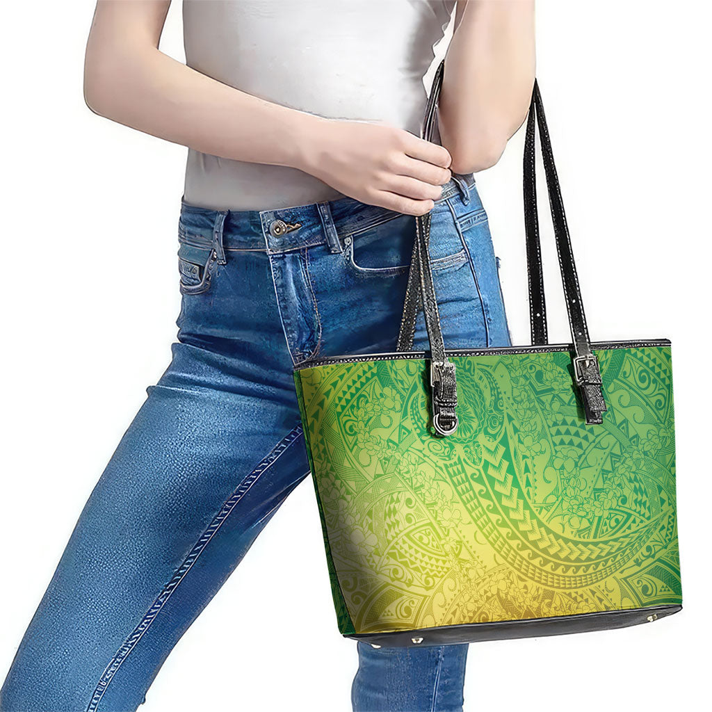 Hawaiian Turtles and Leis Leather Tote Bag Tribal Kakau Pattern Fresh Summer Vibe