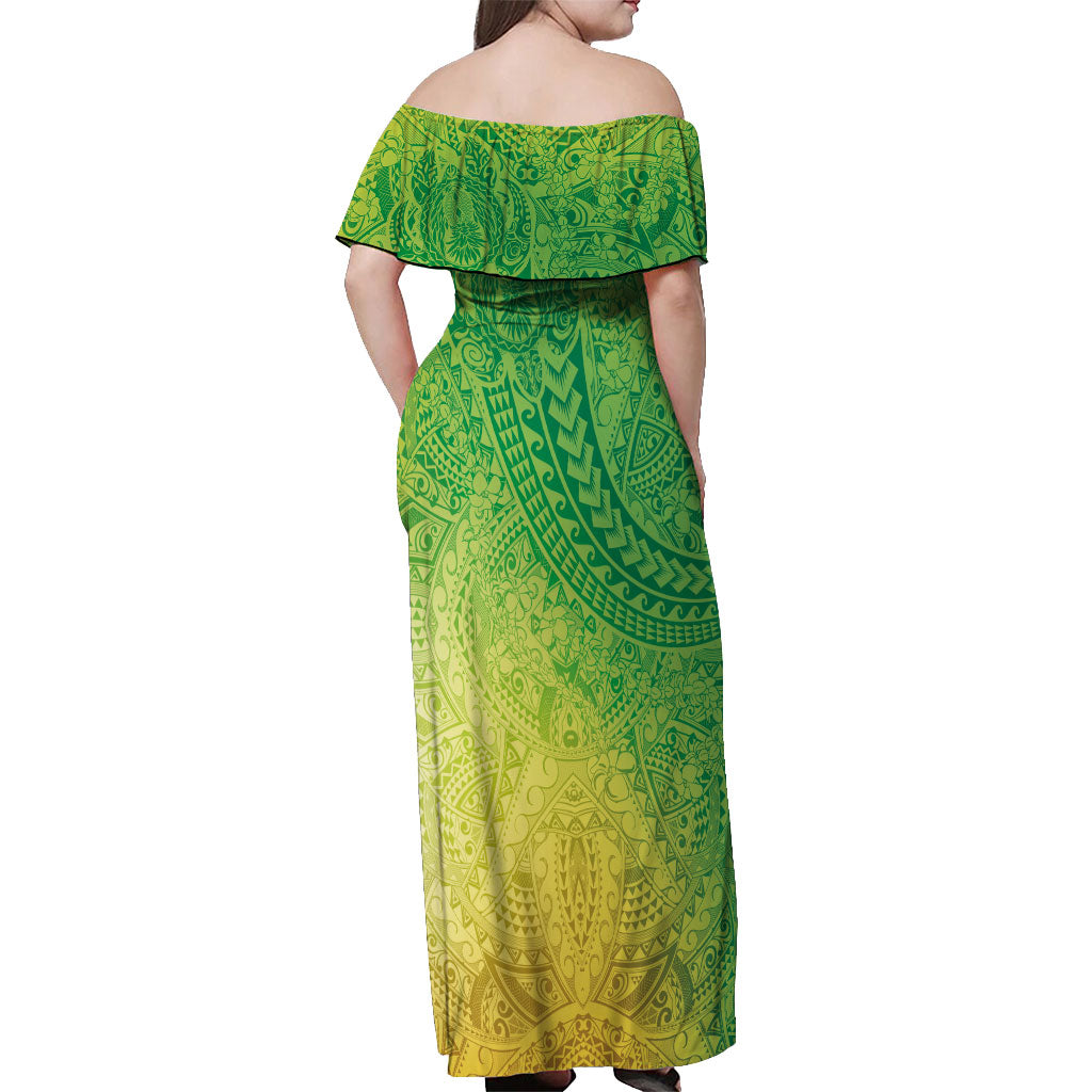 Hawaiian Turtles and Leis Off Shoulder Maxi Dress Tribal Kakau Pattern Fresh Summer Vibe
