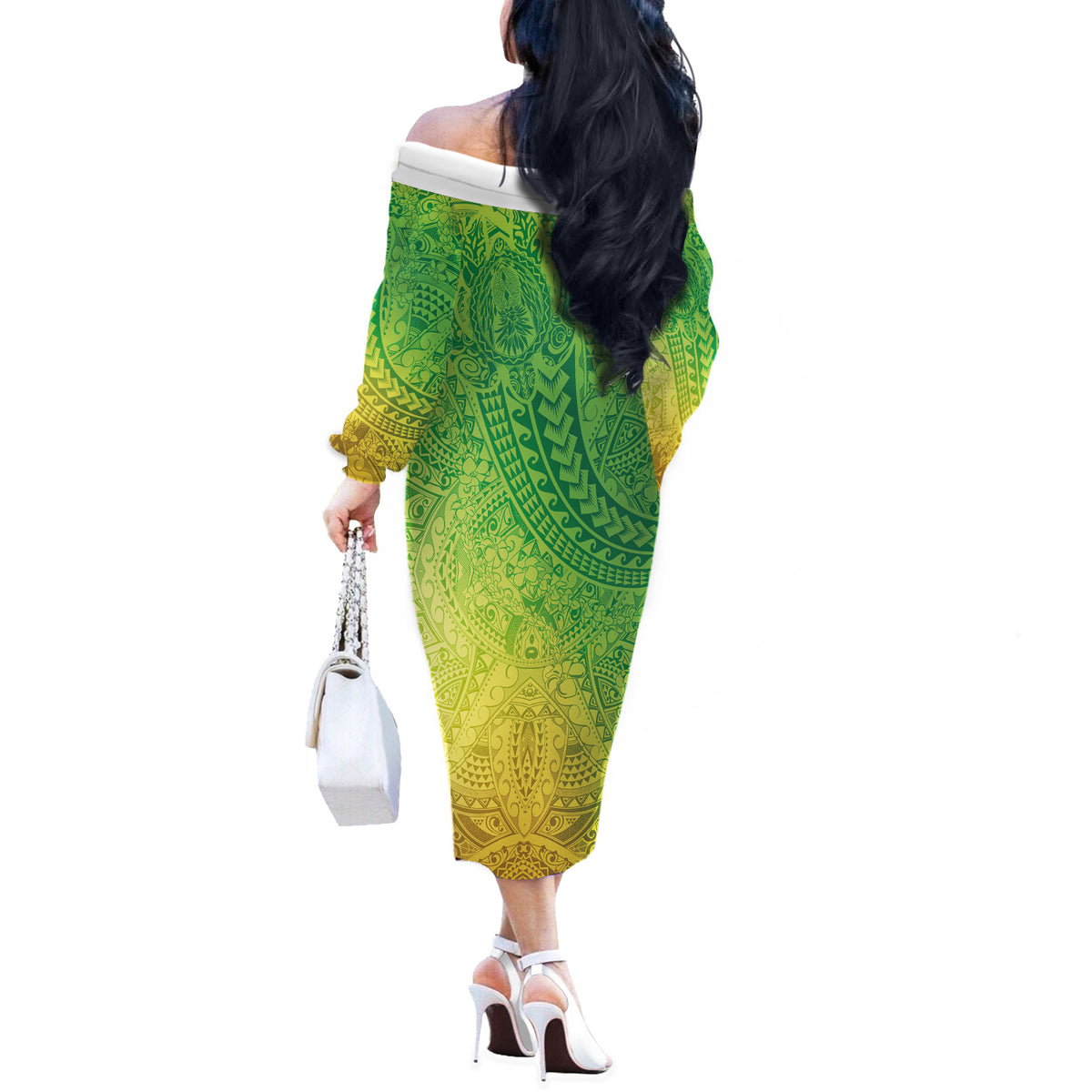 Hawaiian Turtles and Leis Off The Shoulder Long Sleeve Dress Tribal Kakau Pattern Fresh Summer Vibe LT03 - Polynesian Pride