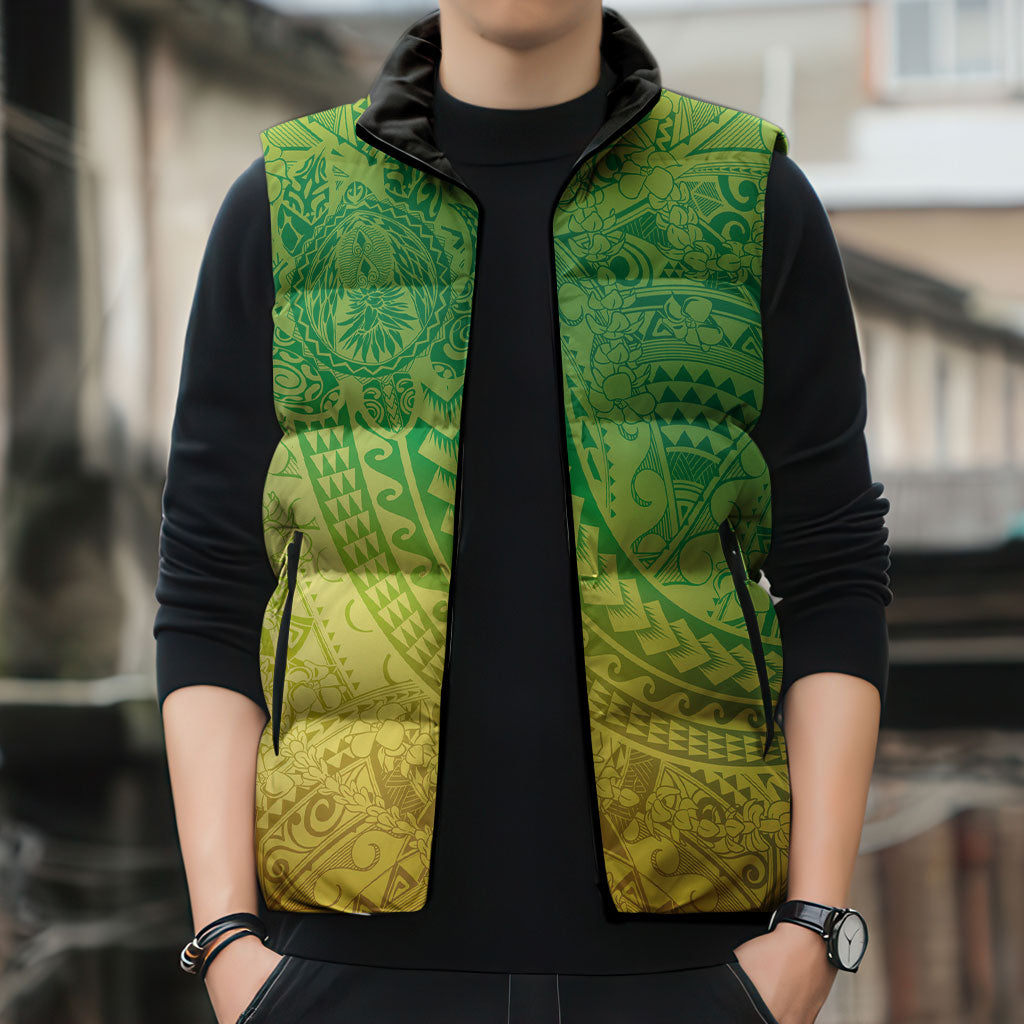 Hawaiian Turtles and Leis Sleeveless Puffer Jacket Tribal Kakau Pattern Fresh Summer Vibe