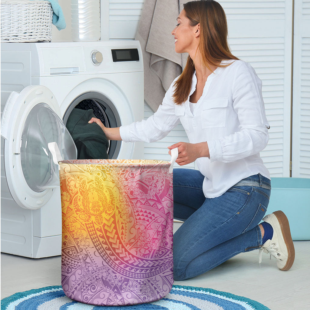 Hawaiian Turtles and Leis Laundry Basket Tribal Kakau Pattern Magical Rainbow Sky
