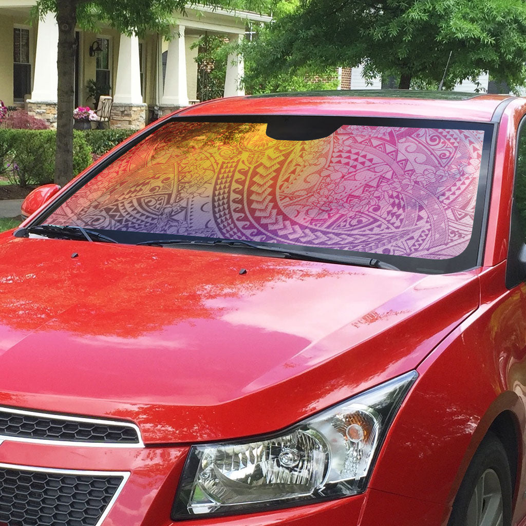 Hawaiian Turtles and Leis Auto Sun Shade Tribal Kakau Pattern Magical Rainbow Sky