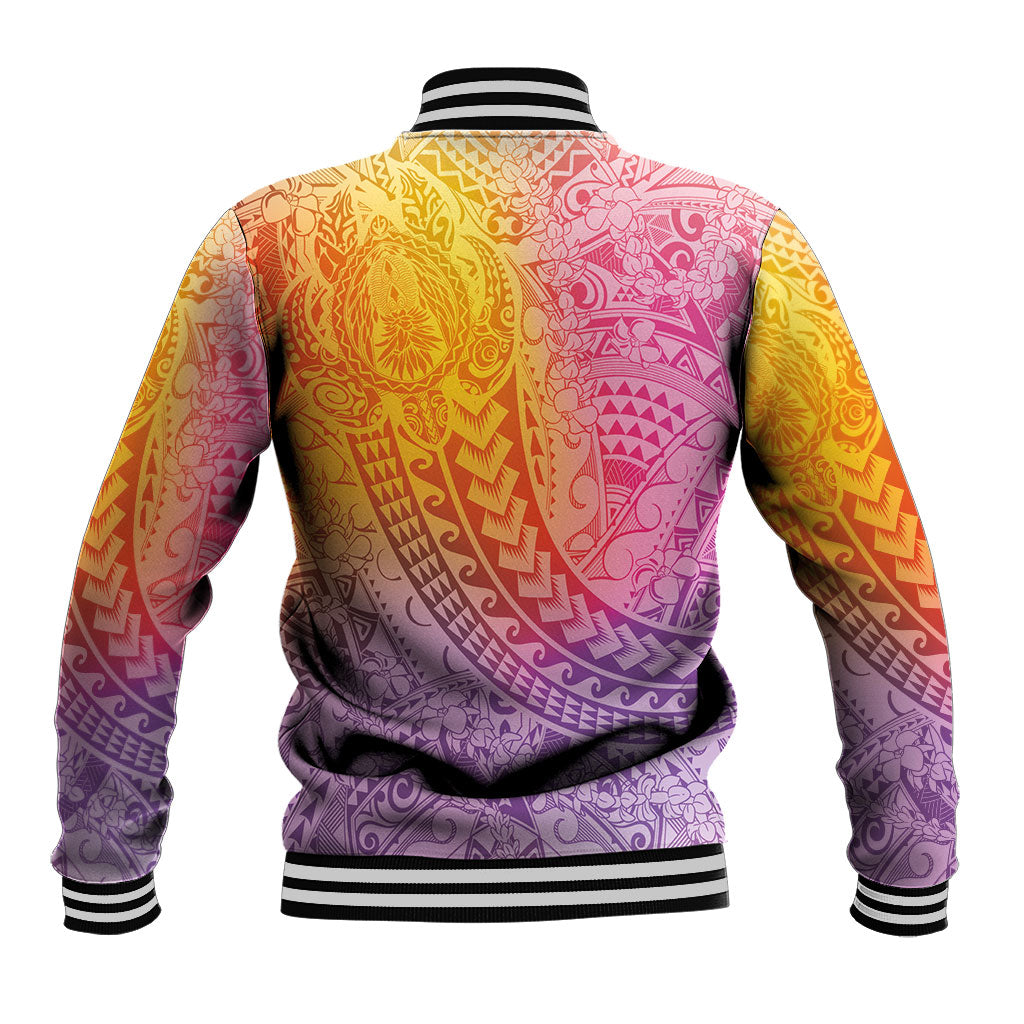 Hawaiian Turtles and Leis Baseball Jacket Tribal Kakau Pattern Magical Rainbow Sky
