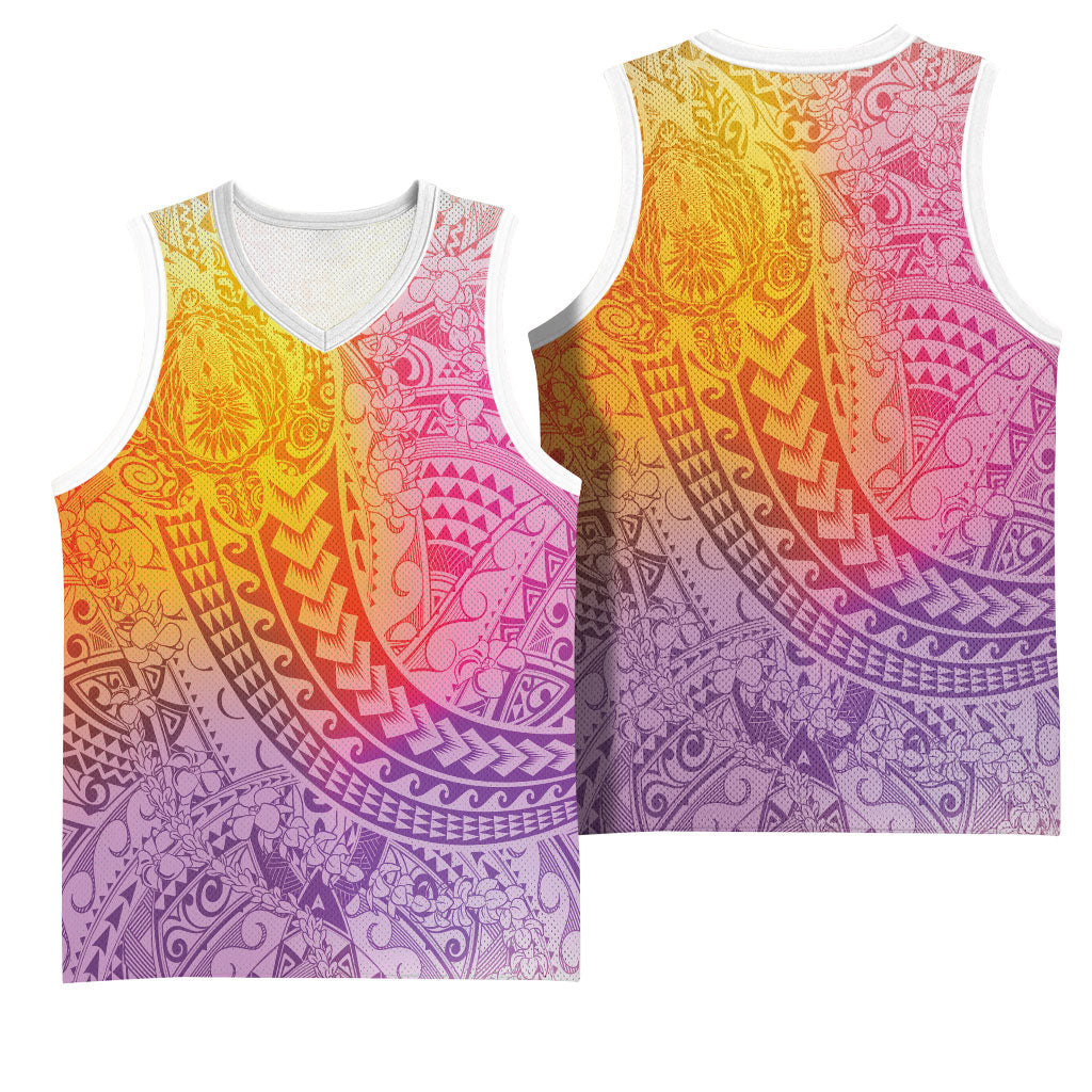 Hawaiian Turtles and Leis Basketball Jersey Tribal Kakau Pattern Magical Rainbow Sky