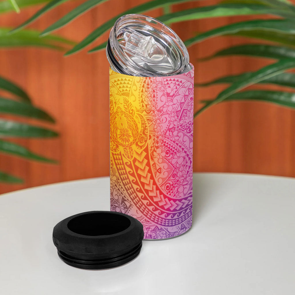 Hawaiian Turtles and Leis 4 in 1 Can Cooler Tumbler Tribal Kakau Pattern Magical Rainbow Sky