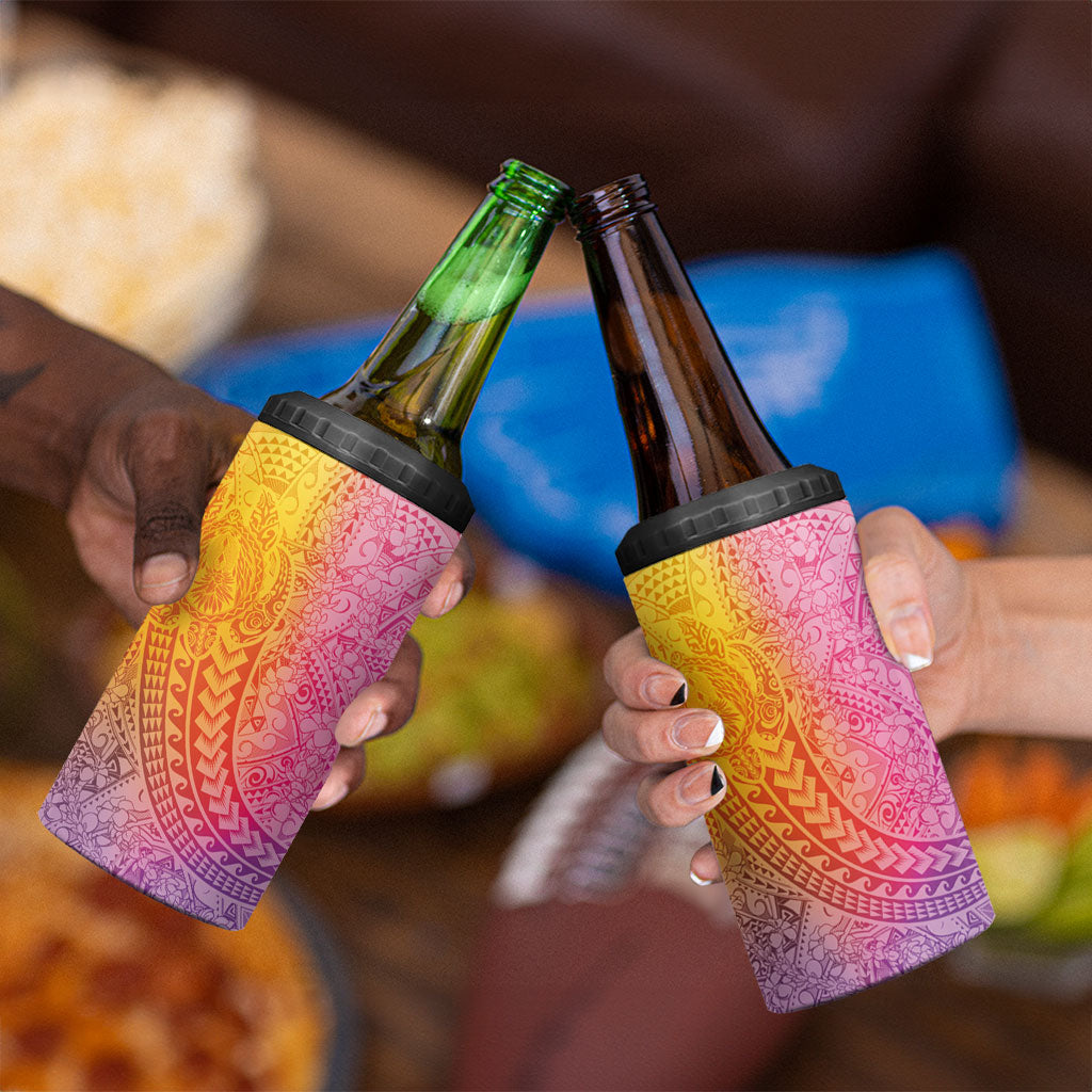 Hawaiian Turtles and Leis 4 in 1 Can Cooler Tumbler Tribal Kakau Pattern Magical Rainbow Sky