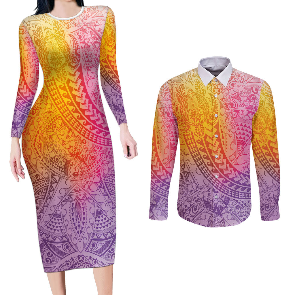 Hawaiian Turtles and Leis Couples Matching Long Sleeve Bodycon Dress and Long Sleeve Button Shirt Tribal Kakau Pattern Magical Rainbow Sky