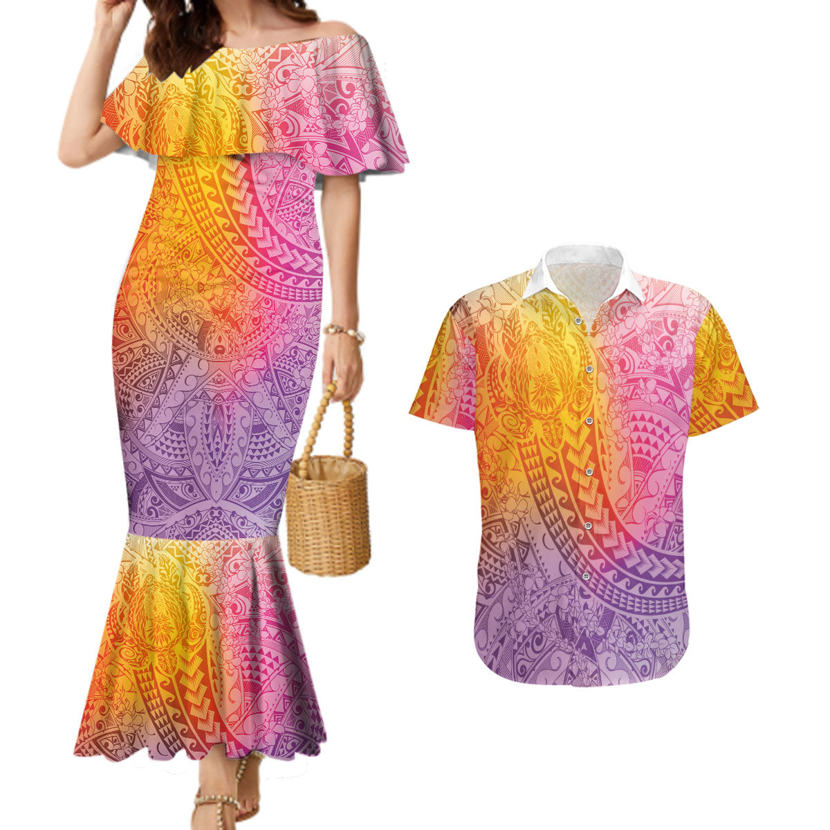 Hawaiian Turtles and Leis Couples Matching Mermaid Dress and Hawaiian Shirt Tribal Kakau Pattern Magical Rainbow Sky LT03 Multicolor - Polynesian Pride